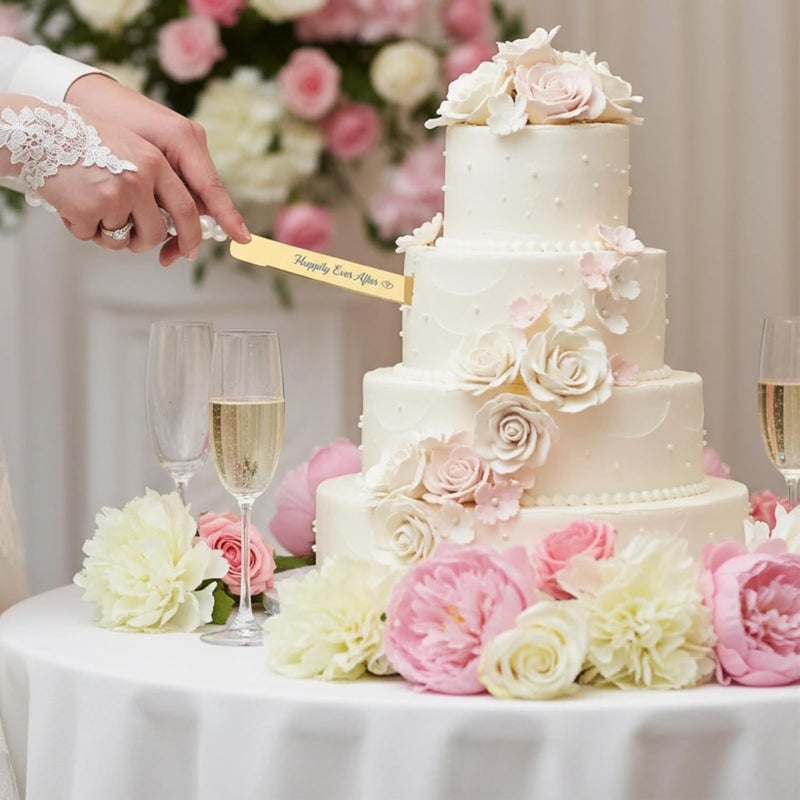 kingump 4 Piece Wedding Cake Cutting Set, Knife and Server with Forks, Elegant Wedding Cake Knife and Server Set for Bride and Groom(Pearl Handle Gold) - Image 2